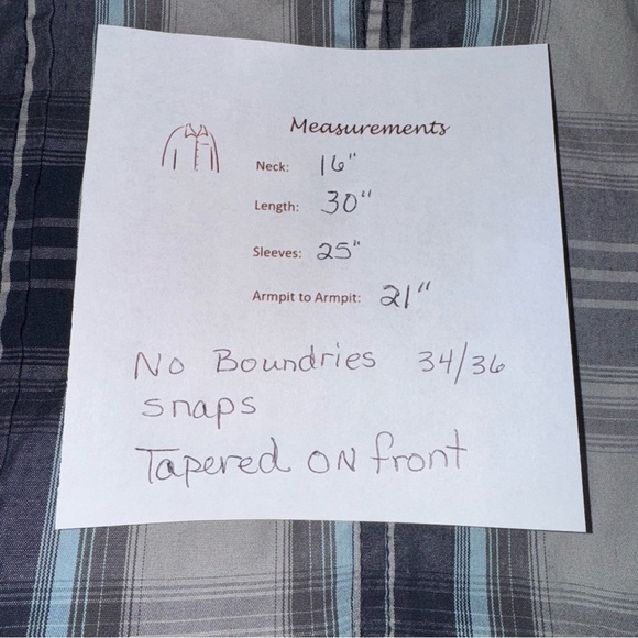 📌 No Boundaries Blue Gray Plaid Snap Front Shirt Men’s S 34/36 Tapered Casual - Picture 6 of 6